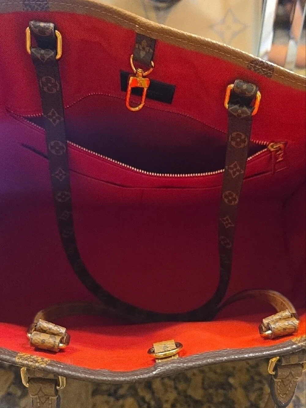 Louis Vuitton Large Monogram Canvas Tote Shoulder Bag in Brown and Tan.